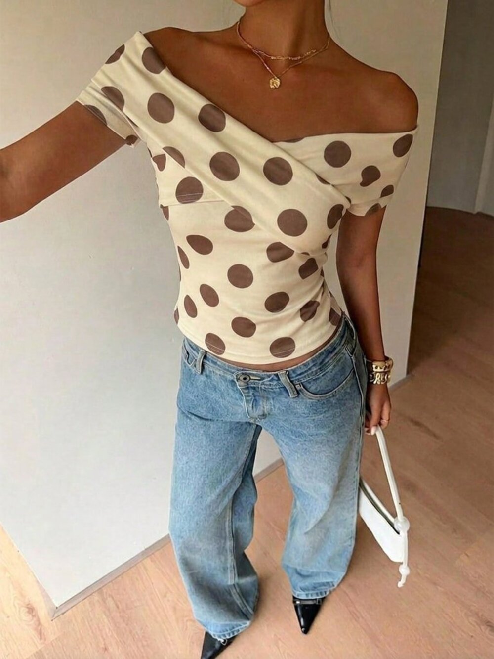 Multicolor Casual Women's Off-Shoulder Bodycon Polka Dot Print T-Shirt - Picture 5 of 6